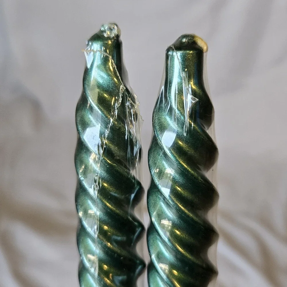 Vintage Pair Metallic Emerald Green Spiral Twist Taper Candles 11